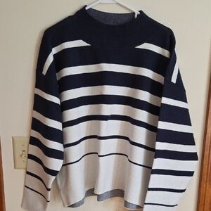 Anthropologie Navy and White Striped Crewneck Sweater